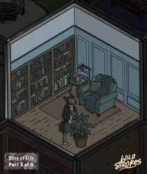 anthro bodily_fluids book chair furniture genital_fluids genitals hi_res inside isometric library male peeing peeing_on_plant penis plant rug solo standing urine urine_stream wild_strokes