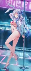 1girl ai_generated animal_ears bangs bikini blue_hair breasts bunny_ears covered_navel gradient_hair heart_pasties high_heels highleg highleg_bikini highres honkai(series) honkai:star_rail jingliu_(honkai:_star_rail) large_breasts long_hair looking_at_viewer micro_bikini navel neon nightclub nsfw one_arm_up pasties pole pole_dancing rabbit_ears red_eyes shiny_skin silver_footwear slingshot_swimsuit solo stage standing stormiaart strappy_lingerie wet white_hair