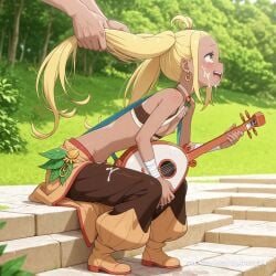 1girl ahegao ai_assisted ai_generated antenna_hair bent_over blonde_hair body_freckles brown_boots brown_shorts confident_smile crop_top crying cum_on_face drool dynamic_pose flat_chest freckles from_side full_body gold_earrings golden_eyes lute medium_shot musical_instrument naked nature_background nipples playing_instrument red_boots red_trim small_ass twintails wet white_pants yellow_eyes