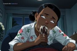 1girl 4k aged_down ahegao ai_assisted ai_generated all_the_way_to_the_base anthro_female beautiful_eyes beautiful_face big_ass black_eyes black_hair black_male blond_hair blue_pants bratty breath bubble_butt cum_dump cum_in_mouth cum_overflow cum_splatter cum_string curvy dark dark_skinned_male deepthroat detailed_background detailed_eyes detailed_face dim_lighting excessive_cum excessive_saliva fellatio fingernails forced_oral furry_female glossy_lips glowing_eyes gushing_cum invincible