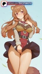 1girl 1girls 2026 ai_generated animal_ears artist_name boobs breasts brown_hair bust chest dress electroworld gradient gradient_background hi_res high_quality high_resolution highres long_hair patreon patreon_username raccoon_ears raccoon_tail raphtalia smile solo stable_diffusion tail tate_no_yuusha_no_nariagari tits watermark