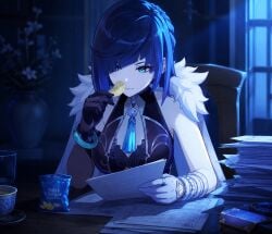 1girl blue_hair blue_light chair cloak dice earrings flower flower_pot genshin_impact gloves green_eyes holding holding_object paper potato_chips sitting smile sniffing table window yelan_(genshin_impact)