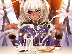 breasts censored collared_shirt cum cum_in_container cum_in_cup cum_on_body cum_on_breasts cum_on_clothes cum_on_floor cum_on_food cum_on_hair cum_on_upper_body cup dark_skin facial female food fruit game_cg gokkun greens_(food) handjob kagami_hirotaka kangoku_senkan kangoku_senkan_3 kila_kushan large_breasts lilith-soft long_hair masturbation military_uniform multiple_boys nipples penis shiny shiny_clothes shiny_hair shiny_skin sitting standing straight strawberry sweat toast_(food) twintails twintails_(hairstyle) uniform