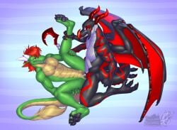 3_fingers 3_toes 4_toes andromorph andromorph/male anthro black_body black_pawpads black_scales brown_body brown_scales claws dominant dominant_male dragon duo european_mythology facial_markings feet fingers fyardie genitals green_body green_scales grin head_markings horn intersex intersex/male kneeling knot knotted_penis leg_grab lying male markings mythological_creature mythological_scalie mythology on_back pawpads penetration penis red_body red_eyes red_horn red_scales scales scalie simple_background smile spread_legs spreading tail toes vaginal vaginal_penetration vallhound western_dragon wing_claws wings yellow_eyes