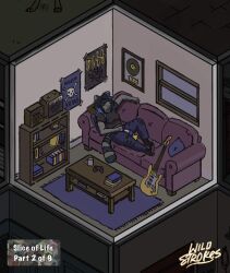 anthro bodily_fluids clothing female furniture genital_fluids hi_res inside mammal peeing peeing_on_furniture procyonid raccoon solo urine wild_strokes