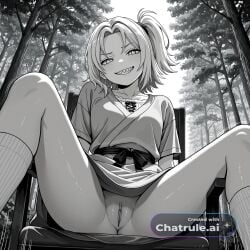 1girl action_lines ai_assisted ai_generated beautiful day dress dynamic_pose general grayscale grin high_contrast highres indoors looking_at_viewer naruto no_nose perfect_anatomy pussy sharp_teeth sitting_on_chair slit_pupils smug socks training tsunade upskirt_view