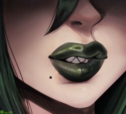 beauty_mark green_hair green_lipstick midori_(rizdraws) nyuunzi oc sexy shark_teeth sharp_teeth smiling someone_else's_oc thick_lips watermark