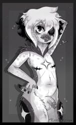 :p black_and_white eyepatch hi_res in_stars_and_time looking_at_viewer monochrome naughtykeiran presenting_penis seal siffrin_(in_stars_and_time) tagme