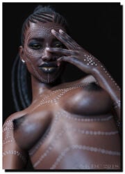 1girls 2018 3d african african_female black_hair black_lipstick body_markings breasts cornrows dark-skinned_female dark_nipples dark_skin earrings eyeshadow facial_markings female female_only human low-angle_view nipples scarification solo solo_female tagme_(artist) topless