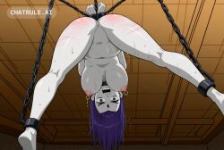 1girl ai_assisted ai_generated arms_behind_back arms_restrained arms_up bdsm big_breasts chains curvy drooling forehead_jewel full_body grey_skin hanging_from_ceiling knees_bent legs_spread messy_hair milf naked nipple_rings nude purple_eyes purple_hair scared_face screaming sweating torture whip_marks wide_hips
