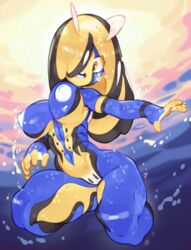 bikini black_hair blonde_hair blue_skin breasts bubbles female glo-s-s highres monster_girl multicolored_hair multicolored_skin navel nipples no_humans nude open_mouth original pussy thighs underwater webbed_hands