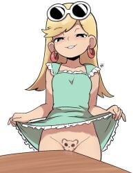 1girls artist_request clitoral_hood clitoris curtsey do_you_want_to_pet_my_cat_(meme) dress dress_lift dumb_girl leni_loud masturbation petite presenting presenting_pussy pussy pussy_juice pussy_lips pussy_rubbing rubbing rubbing_pussy seductive seductive_eyes seductive_look seductive_smile simple_background smile solo solo_female solo_focus sunglasses sunglasses_on_head table table_humping table_masturbation the_loud_house vagina