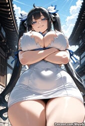 1girl ai_assisted ai_generated black_hair blue_eyes blue_ribbon blush breasts cleavage covered_navel crossed_arms curvaceous curvy curvy_female curvy_figure dress dungeon_ni_deai_wo_motomeru_no_wa_machigatteiru_darou_ka female from_below gloves grin hair_ribbon hestia_(danmachi) large_breasts long_hair looking_at_viewer looking_down miyuai pencil_dress rei_no_himo ribbon skindentation smile solo thick thick_ass thick_butt thick_hips thick_legs thick_thighs thighs twintails very_long_hair voluptuous voluptuous_female white_dress white_gloves wide_hips wide_thighs