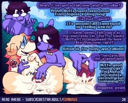 alpha_(edmango) animal_genitalia animal_humanoid animal_vulva anthro aroused bird_dog bodily_fluids canid canid_humanoid canine canine_genitalia canine_humanoid canine_vulva canis cum domestic_dog duo edmango english_text female feral fingering genital_fluids genitals golden_retriever heart_eyes heart_symbol huffa_(edmango) humanoid hunting_dog leaking_cum male male/female mammal mammal_humanoid retriever spread_vulva spreading tanuki_humanoid text vulva
