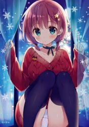 1girls blush breast cameltoe choker clothed curtains hair_ornament highres large_breasts original panties purple_hair shirt short_hair sitting straight_hair suimya sweater thighhighs tied_hair