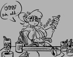 2d_(artwork) black_and_white breast_expansion breasts_bigger_than_head burping crushing_can dialogue ear_piercing elf_ears empty_can gaming_chair huge_breasts midriff overflowing_breasts ponytails short_hair sideboob sketch skull_hair_ornament soda_can spiked_collar streamer streaming thegreenthief visible_areolae zipper zipper_malfunction