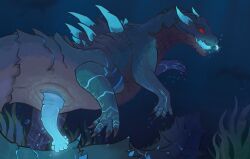 animal_genitalia anus aquaridella capcom claws erection fan_character feral finger_claws genital_slit genitals glowing glowing_eyes glowing_genitalia glowing_penis glowing_tongue hi_res lagiacrus leviathan_(mh) long_neck looking_at_viewer male monster_hunter penis presenting presenting_penis red_eyes shaded slit_penis snout solo swimming toe_claws tongue tongue_out underwater water