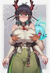2girls ai_generated blush breast_grab dark-skinned_female dragon_girl dragon_tail electricity grabbing_another's_breast green_eyes green_hair huge_breasts light-skinned_female mochipawg oc original_character purple_eyes thick_thighs wide_eyed