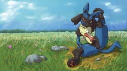 2026 animal_genitalia animal_penis anthro anus aroused balls black_body black_fur blue_body blue_fur canine_genitalia canine_penis cloud detailed_background english_text erection femboy fur gay gay_anal generation_4_pokemon genitals grass grassland haedra48 hi_res homosexual homosexual_male knot knotted_penis looking_at_viewer lucario male male/male male_focus male_only male_penetrated mountain_background nintendo penis plant pokemon pokemon_(species) red_eyes rock saggy_balls sheath solo spikes spikes_(anatomy) spread_legs spreading tail text tree wallpaper widescreen