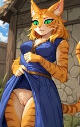 ai_generated blue_dress female khajiit khajiit_female lifting_skirt low-angle_view orange_fur presenting_pussy pussy pussy_juice rataddict striped_fur the_elder_scrolls upskirt