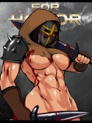 abs areola_slip armor biceps blood breasts convenient_censoring dual_wielding female female_only fingerless_gloves for_honor gloves helmet highres hood large_breasts melee_weapon muscles muscular_female navel nipple_bulge peacekeeper perky_breasts solo spikes strangehero sword underboob weapon