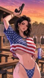 1girls 4th_of_july ai_generated america american american_female american_flag american_flag_bikini american_flag_bikini_bottom american_flag_print american_flag_shirt bikini bikini_bottom black_hair bracelets brown_eyes curvy curvy_female curvy_figure drink earrings female firearm fourth_of_july grand_theft_auto grand_theft_auto_vi gun holding_drink holding_gun holding_pistol holding_weapon jewelry looking_at_viewer necklace oc original original_character outdoors outside patriot patriotic pistol raised_arm rings rockstar_games sexy sexy_female shirt shooting_range showing showing_off sunglasses tagme text underboob united_states_of_america weapon