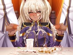 breasts censored collared_shirt cum cum_in_container cum_in_cup cum_on_body cum_on_breasts cum_on_clothes cum_on_floor cum_on_food cum_on_hair cum_on_upper_body cup dark_skin facial female food fruit game_cg gokkun greens_(food) handjob happy kagami_hirotaka kangoku_senkan kangoku_senkan_3 kila_kushan large_breasts lilith-soft long_hair military_uniform multiple_boys nipples open_mouth penis shiny shiny_clothes shiny_hair shiny_skin sitting smile standing straight strawberry sweat toast_(food) twintails twintails_(hairstyle) uniform