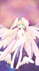 1boy 1futa 2010s androgynous angel angel_wings blonde_hair blue_eyes breasts crying crying_with_eyes_open devilman devilman_crybaby eyebrows flaccid flaccid_penis forengmenot futanari head_wings humanoid medium_breasts multi_wing nude pale-skinned_futanari pale_skin penis ryo_asuka satan_(devilman) see-through see-through_wings short_hair solo solo_futa tears text villainess wings