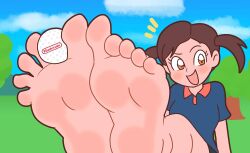 1girls blue_shirt brown_hair compysteps foot foot_fetish foot_focus fully_clothed mario_(series) mario_golf nintendo_logo orange_eyes plum_(mario) soles