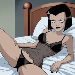 1girl 1girls ace_(royal_flush_gang) ai_generated bedroom bedroom_eyes black_eyes black_hair black_lipstick civitai dcau eyeliner justice_league justice_league_unlimited lingerie lingerie_only negligee on_bed panties smile smiling_at_viewer solo stable_diffusion