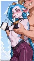 1boy 1girl ai_generated animal_ears bangs bare_shoulders bikini bikini_top_only black_bikini black_choker blue_hair blush bottle braid breast_grab breasts choker cow_ears day decurse furry furry_male furry_with_non-furry gloves grabbing grin hetero holding holding_bottle horns jinx_(league_of_legends) league_of_legends long_hair milk navel outdoors pants pink_eyes shiny small_breasts smile stomach striped striped_pants swimsuit tattoo teeth twin_braids