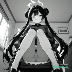 1girl ai_assisted ai_generated beautiful black_hair day dress general grayscale grin hair_bun halo high_contrast highres indoors long_hair looking_at_viewer no_nose perfect_anatomy pussy sharp_teeth sitting_on_chair slit_pupils smug socks twintails upskirt_view very_long_hair