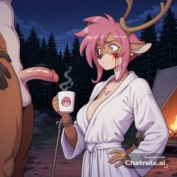 1girl absurdly_long_hair ai_assisted ai_generated anime_screencap blood_splatter brown_body brown_eyes campsite close_up dazzler deer_antlers ear_piercing firelight flaccid_penis frowning high_quality juliet_sleeves kneeling long_sidelocks long_sleeves looking_at_penis night one_hand_on_hip outside pink_hair short_hair upper_body white_dress white_robe