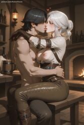 1boy 1girl ai_generated black_gloves black_hair boots breasts chair ciri cup eye_contact french_kiss gloves heart hetero hi_res high_quality high_resolution indoors kiss looking_at_another medium_breasts nipples pants patreon seductive sexy silver_hair sitting the_witcher_(series) uncensored watermark