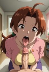 1boy 1girl ahoge ai_generated bed bookshelf breasts brown_eyes brown_hair clothed_female_nude_male collarbone delia_ketchum erection fellatio hetero hexogen imminent_fellatio indoors jacket large_breasts licking licking_penis long_hair looking_at_penis looking_at_viewer low_ponytail mature_female medium_breasts on_bed open_clothes open_mouth oral oral_invitation parted_bangs penis pink_shirt pokemon pokemon_(anime) pokemon_(classic_anime) pokemon_sm_(anime) ponytail pov pov_crotch saliva shirt short_sleeves skirt solo_focus teeth tongue tongue_out uncensored upper_teeth_only uvula veins veiny_penis yellow_shirt