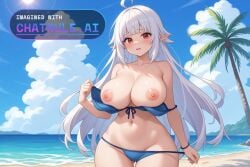 1girl ai_assisted ai_generated anime_screencap bare_shoulders bashful beach bikini blue_sky blush blushing collarbone colorful contrast curvaceous curvy daytime detailed_face dramatic_lighting eyelashes full_breasts highly_detailed hourglass_figure large_breasts long_hair looking_at_viewer loose_bikini motion_lines naked narrow_waist nipples oversized_breasts parted_lips pointy_ears red_eyes round_breasts sand sea short_girl shortstack shy soft_breasts soft_thighs source_anime spherical_breasts sun thick_thighs top_heavy white_hair