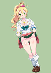 artist_request blonde_hair blush breasts brown_loafers cleavage green_eyes gyaru hajimete_no_gal innie_pussy kneehighs large_breasts loafers loose_socks medium_hair no_panties pussy school_uniform shaved_pussy skirt_lift socks white_socks yame_yukana