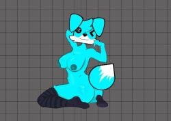anthro areola blue_body blue_fur breasts canid canine clothing cyanthedoggd digital_media_(artwork) female footwear fur geometry_dash half-closed_eyes legwear looking_at_viewer mammal multicolored_body multicolored_fur narrowed_eyes nipples nude nude_female simple_background sitting smile socks solo tail two_tone_body two_tone_fur two_tone_tail unknown_species white_body white_fur