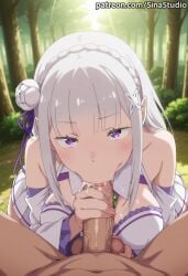 1boy 1girl :>= ai_generated bangs bare_shoulders blunt_bangs blurry blush braid breasts cleavage clothed_female_nude_male cum dark_skinned_male day detached_sleeves dress elf emilia_(re:zero) eyebrows_visible_through_hair facial fellatio flower forest frilled_sleeves gem grass hair_flower hair_ornament hair_ribbon hairclip handjob hetero indoors long_hair long_sleeves looking_at_viewer male_pubic_hair medium_breasts miniskirt nature nude oral outdoors patreon_username penis pleated_skirt pointy_ears pov pov_crotch pubic_hair purple_eyes purple_ribbon re:zero_kara_hajimeru_isekai_seikatsu ribbon saliva silver_hair solo_focus sunlight tears tree veins watermark web_address white_flower x_hair_ornament