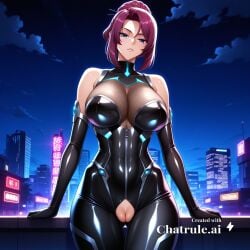 1girl ai_assisted ai_generated armor bare_shoulders black_bodysuit blue_eyes brown_hair city cityscape clouds cowboy_shot crotchless curvy dark_theme detailed_pussy dynamic_lighting elbow_gloves fishnets gloves high_contrast kagami_hirotaka koukawa_oboro looking_at_viewer neon_lights night night_sky outdoors short_hair single_hair_bun soft_shading taimanin_asagi_zero taimanin_suit thigh_gap visible_pussy