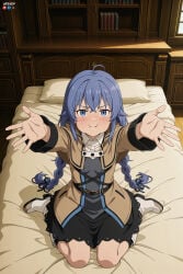 1boy 1girl :i :t absurdres adult ahoge ai_assisted ai_generated bangs bed big_breasts black_skirt blue_eyes blue_hair blush book bookshelf boots braid breasts closed_mouth crossed_bangs female general hair_between_eyes heeven highres indoors long_hair long_sleeves looking_at_viewer male mature mushoku_tensei mushoku_tensei:_isekai_ittara_honki_dasu on_bed outstretched_arms patreon patreon_username perfect_body pillow pout roxy_migurdia sensitive sitting skirt solo twin_braids twintails uncensored wariza white_footwear window