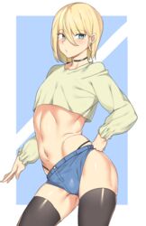 1boy :o aqua_eyes arched_back blonde_hair blush bulge choker contrapposto crossdressing earrings femboy girly highleg highleg_panties highres jewelry looking_to_the_side male male_only midriff navel original panties shorts solo tagme thighhighs trap underwear urec