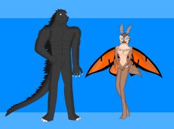 anthro arthropod breasts female genitals godzilla godzilla_(series) hi_res insect kaiju lepidopteran male male/female monster monsterverse moth mothra mothra_(series) muscular muscular_male pecs reptile scalie slit_penis toho twinx