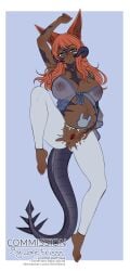 artist_name au_ra babydoll dark-skinned_male dragon_girl dragon_tail final_fantasy_xiv green_eyes pregnant red_hair spread_pussy wolf_ears