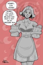 apron circlet clothed dialogue dress earrings female_only femsub hades_(game) hades_2 happy_trance heterochromia housewife hypnovember lipstick looking_at_viewer melinoe_(hades) monochrome pov pov_dom short_hair signature simple_background smile speech_bubble spiral spiral_eyes standing stepfordization syas-nomis text