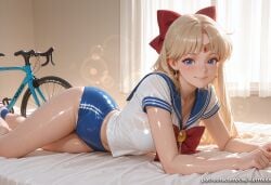 1girl ai_generated bangs bicycle blonde_hair blue_eyes blue_sailor_collar blush bow breasts buruma circlet cleavage closed_mouth collarbone curtains earrings ground_vehicle hair_bow indoors jewelry kermixx long_hair looking_at_viewer lying navel red_bow sailor_collar sailor_moon sailor_senshi_uniform sailor_venus school_uniform see-through serafuku shiny shiny_skin shirt short_sleeves smile solo sweat thighs watermark web_address wet wet_clothes wet_shirt window