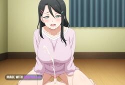 1girl ai_assisted ai_generated anime_screencap black_hair cowgirl_position cum full_body futanari green_eyes hair_ornament hairclip little_penis long_hair mature_female mole mole_under_mouth mother_and_daughter projectile_cum sex size_difference small_penis