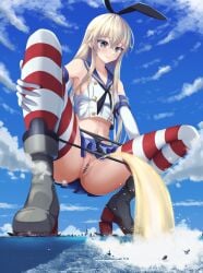 1girls absurd_res bar_censor black_panties blonde_hair censored censored_pussy destruction giantess kantai_collection kk528956 macro ocean panty_pull peeing pussy sea shimakaze_(kantai_collection) ship striped_socks warship