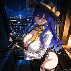 1girl ai_assisted ai_generated bangs black_gloves bra breasts cleavage curvaceous curvy curvy_female curvy_figure earrings female fingerless_gloves gloves hat heart huge_breasts jewelry long_hair looking_at_viewer lucilla_(wuthering_waves) miyuai night parted_lips purple_eyes shirt skirt sky smile solo star_(sky) starry_sky thick thick_ass thick_butt thick_hips thick_legs thick_thighs thighhighs voluptuous voluptuous_female white_shirt wide_hips wide_thighs wuthering_waves