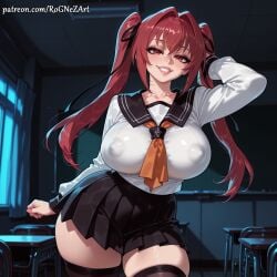 1girl 2026 ai_generated anime bangs black_skirt black_thighhighs boobs breasts classroom cleavage covered_nipples crossover desk eye_contact female female_focus grin hair_ribbon highres huge_breasts indoors inside large_breasts long_hair long_sleeves looking_at_viewer naruse_mio nsfw patreon pigtails pleated_skirt red_eyes red_hair ribbon rognezart sailor_collar school_desk school_uniform serafuku shinmai_maou_no_testament skindentation skirt smile smiling solo teeth thick_thighs thighhighs thighs twintails very_long_hair zettai_ryouiki